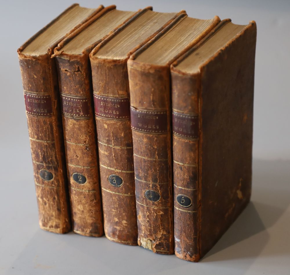 Sterne, Laurence - The Works of Laurence Stern, 5 vols, 12mo, calf, scuffed, joint cracked, some boards torn, John Wyeth, Harrisburgh
